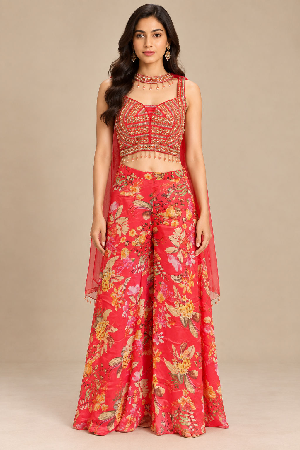 Dark Coral Floral Printed Palazzo Set with Embellished Crop Top & Dupatta